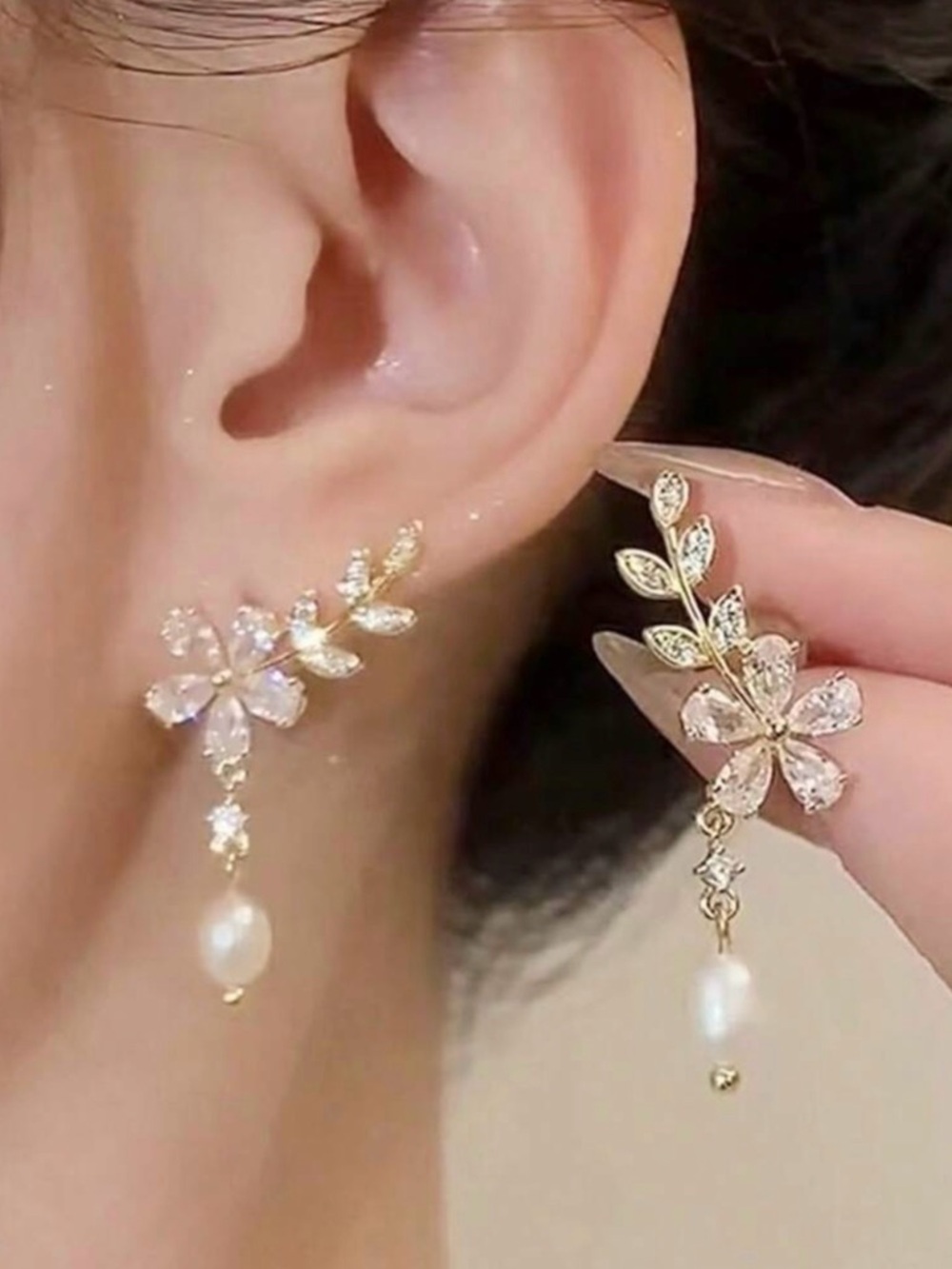 Gold Floral Crystal Drop Earrings with Pearl Accent - Women Jewelry